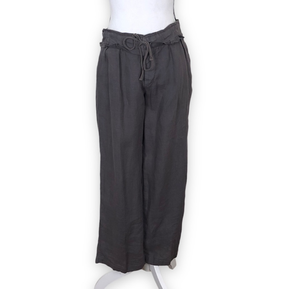 Johnny Was 100% Linen Gray Wide Leg Lagenlook Boho Pants Drawstring Button Fl…